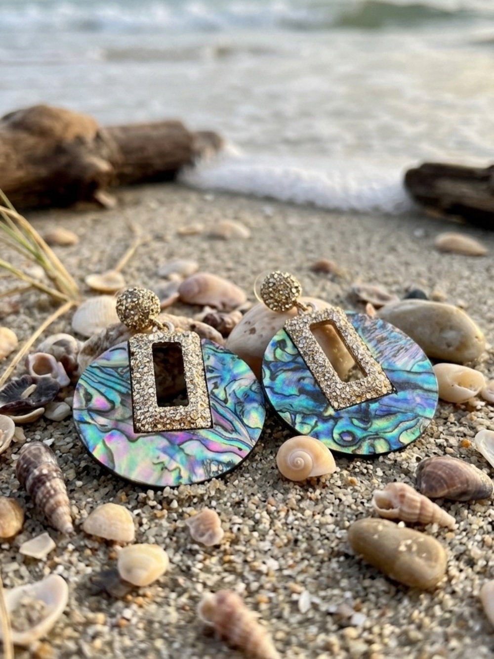 Vintage Abalone Disc Drop Earrings 1 5/8” Iridescent Green Blue Purple